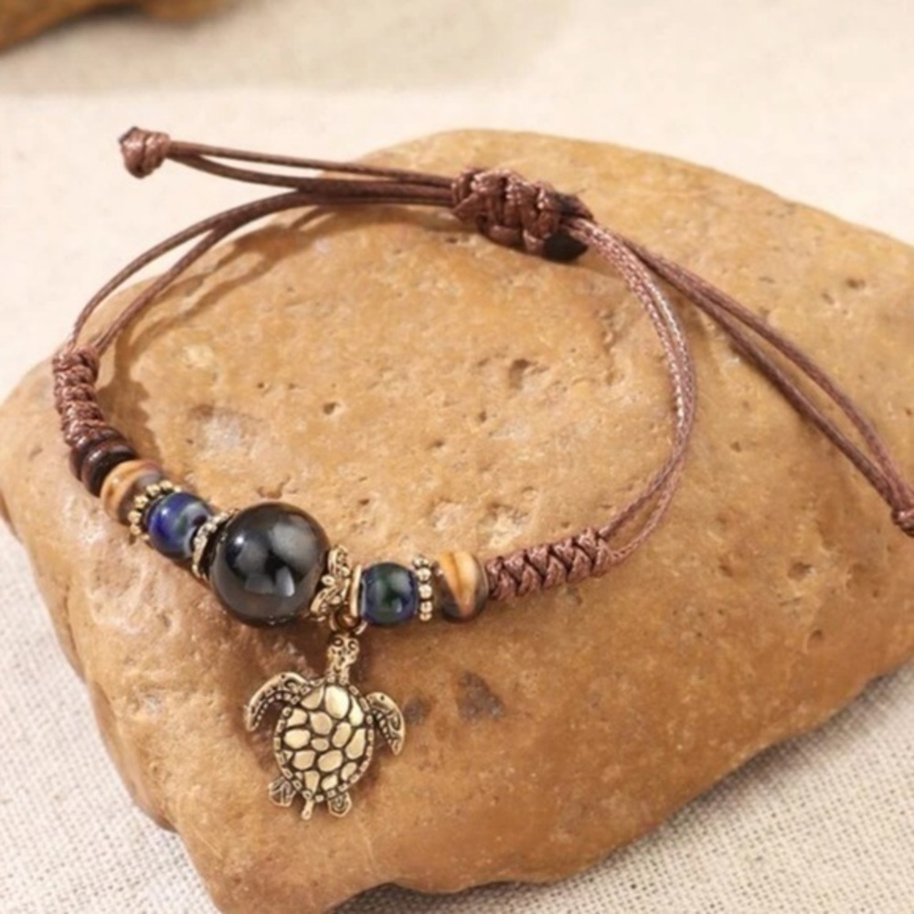Sea Turtle Charm Adjustable Bracelet with Beads